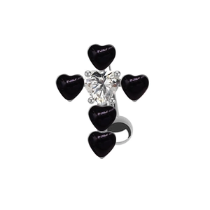 Silver belly button ring with black heart gemstones and clear zircon cross design