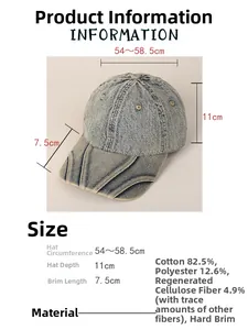 Detailed sizing chart and material specs for the washed denim baseball cap in light grey