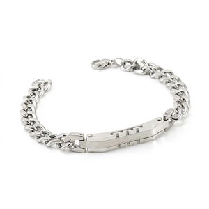 Men's stainless steel Cuban link bracelet with a textured rectangular bar and lobster clasp