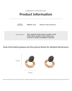Detailed specs of wave-shaped gold earrings with blue rhinestones, 3.9cm x 2.5cm size
