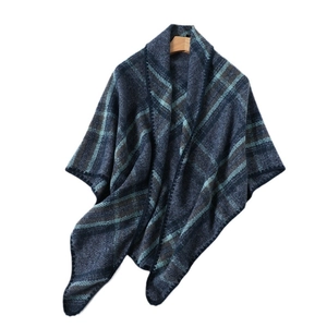 Plaid cashmere-like scarf shawl with blue check pattern for autumn and winter warmth