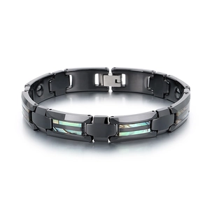Bracelet pour homme en tungstène noir avec incrustations de nacre et motif croix