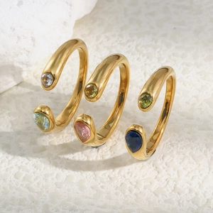 18K gold-plated stainless steel snake head ring with colorful zircon stones on white rock