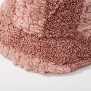 Pink plush lamb wool bucket hat for women with thick warm material and soft texture
