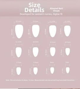 Size guide for almond shaped press-on nails showing 12 dimensions and 24 pieces set