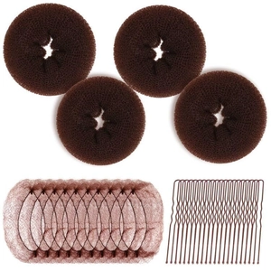 Brown hair styling set with donut bun makers, hair nets and U-shaped hair clips detail