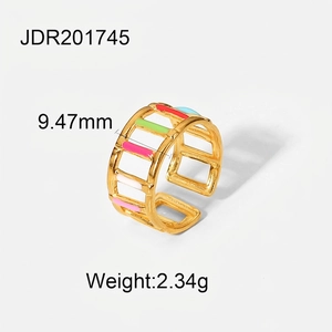 Detail view of 18K gold-plated ring with colorful enamel stripes, 9.47mm width and 2.34g