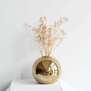 Golden plated ceramic sphere vase with dried flowers for modern home table decoration