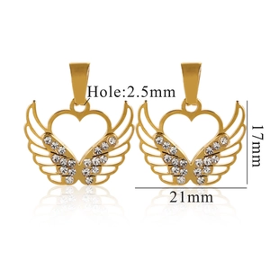 Detailed view of 18K gold plated heart wing charms with clear rhinestones and dimensions