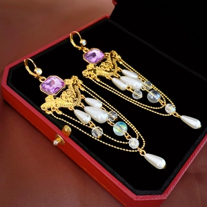 Vintage Palace Style Tassel Earrings For Women Alloy Purple Crystal Rhinestone Elegant Baroque Faux Artificial Pearl Drop Jewelry