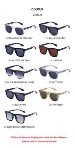 Matrix layout of square sunglasses in nine assorted colors including matte black and tortoiseshell