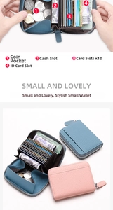 Leather accordion card wallet with 12 slots and RFID protection in pink and blue