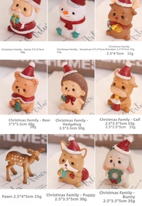 Miniature resin Christmas figurines including Santa, reindeer, and snowman with dimensions