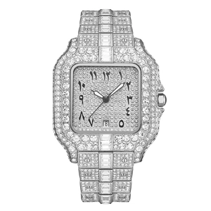 Silver luxury square watch with full iced-out crystals and Arabic dial on white background
