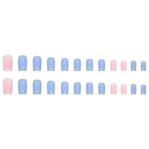 Blue and pink summer floral press-on nails in medium length with 24 pieces set