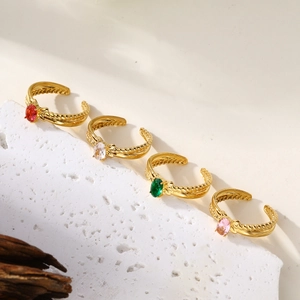 Bague Ouverte en Acier Inoxydable Minimaliste pour Femme Design Corde Torsadée Strass Coloré Ovale Ajustable Bague de Mode Bijoux