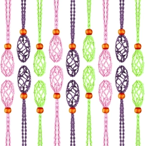 Adjustable woven crystal stone necklace pouches in pink, purple, and green with wood beads