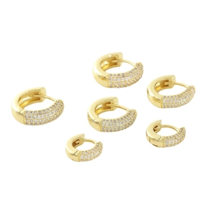 Three pairs of gold-plated hoop earrings with micro-paved cubic zirconia stones in various sizes