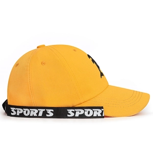 Yellow baseball cap with SPORTS ribbon trim and side embroidery in cotton twill fabric