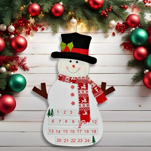 Detailed felt snowman advent calendar with 24 date pockets and a candy cane marker
