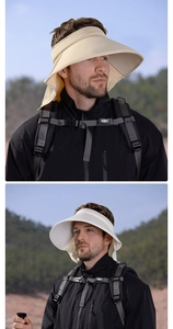 Detail of wide brim sun hat with foldable neck protection flap for outdoor hiking