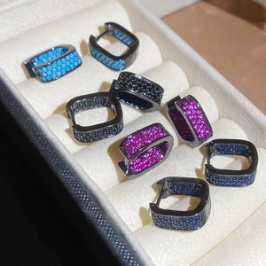 Detailed display of colorful zircon square hoop earrings in four vibrant gemstone colors