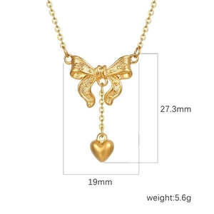 18K gold plated stainless steel necklace featuring bow and heart pendant with dimensions