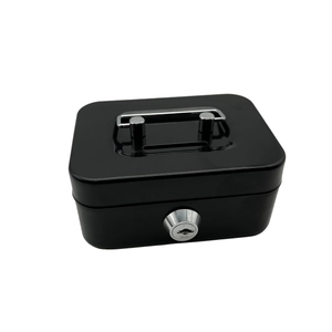 Compact black metal cash box with handle and secure key lock on white background