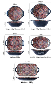 Detailed size chart for Bohemian ceramic dinnerware set showing dimensions and capacities