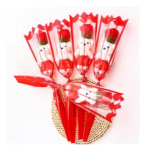 Five sets of cute bear soap rose flower bouquets in clear red patterned gift wrapping
