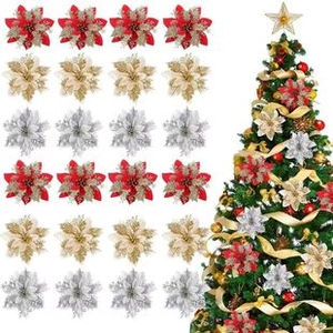 Detailed set of red, gold and silver velvet butterfly Christmas flowers for tree decor