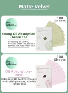 Detail of 100-sheet green tea and rose facial oil blotting paper with matte velvet texture