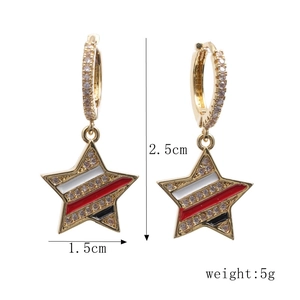 Detailed view of colorful star drop earrings with dimensions and enamel stripes