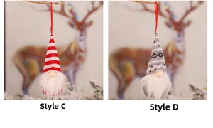 Detail of Christmas gnome ornaments with red striped and grey knit hats for tree decor