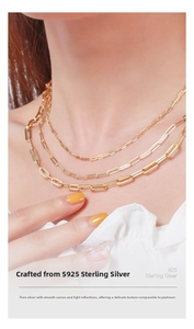 Detailed view of layered S925 sterling silver 14K gold-plated rectangle link chain necklaces