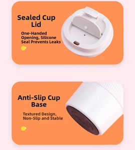 Detail of leak-proof lid and anti-slip silicone base on white business gift coffee mug