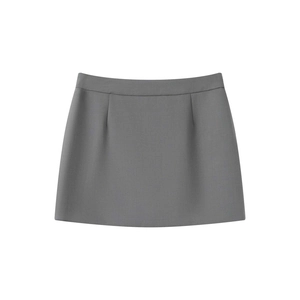 Detail shot of a grey high-waist A-line mini skirt with symmetrical front dart tailoring