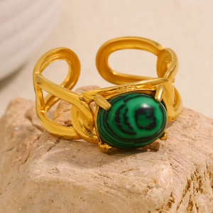 18K gold plated stainless steel open ring with malachite green stone in dual-ring design