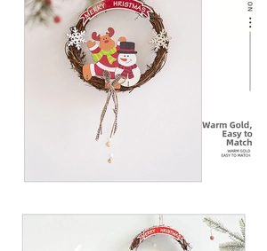 Detail of rattan Christmas wreath with snowman, reindeer and Merry Christmas banner