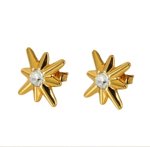 Detail of 18K gold-plated starburst stud earrings with central zircon inlay on white background