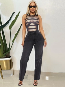 Sexy trompe l'oeil striped sleeveless bodysuit paired with black high-waisted denim jeans
