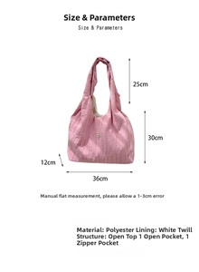 Detailed size chart of pink polyester tote bag with dimensions and interior pocket layout