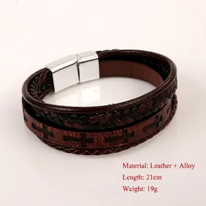 Handmade multilayer leather bracelet for men with cross emboss and silver alloy magnetic clasp