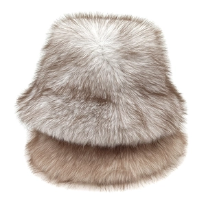 Detailed texture view of two fluffy faux fur bucket hats in light taupe and dark brown colors