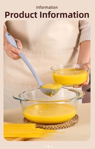 Silicone soup ladle in light purple showing usage with porridge in a glass bowl