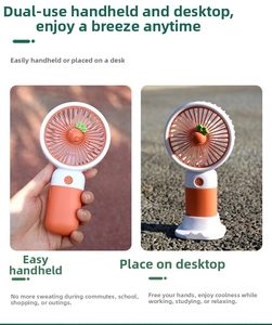 Dual-use carrot-shaped mini fan shown in handheld and tabletop modes for daily cooling