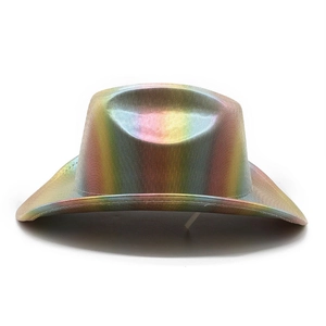 Detail of western cowboy hat featuring vibrant metallic iridescent rainbow coating