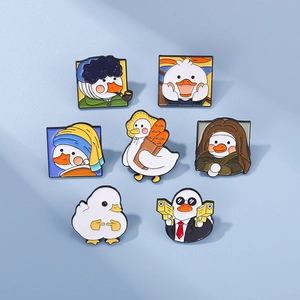 Detailed set of 7 cartoon enamel pins featuring artistic ducks inspired by world-famous paintings