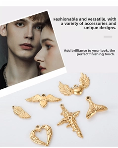 Set of six gold-plated DIY pendants including heart, cross, wing, and mermaid tail motifs