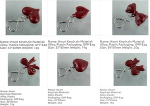 Detailed view of six red acrylic heart and bow keychains with various size specifications